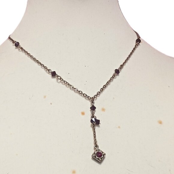 Hand Crafted Jewelry - Vintage Handmade Silver Tone and Ruby Crystal Beaded Y Drop Necklace